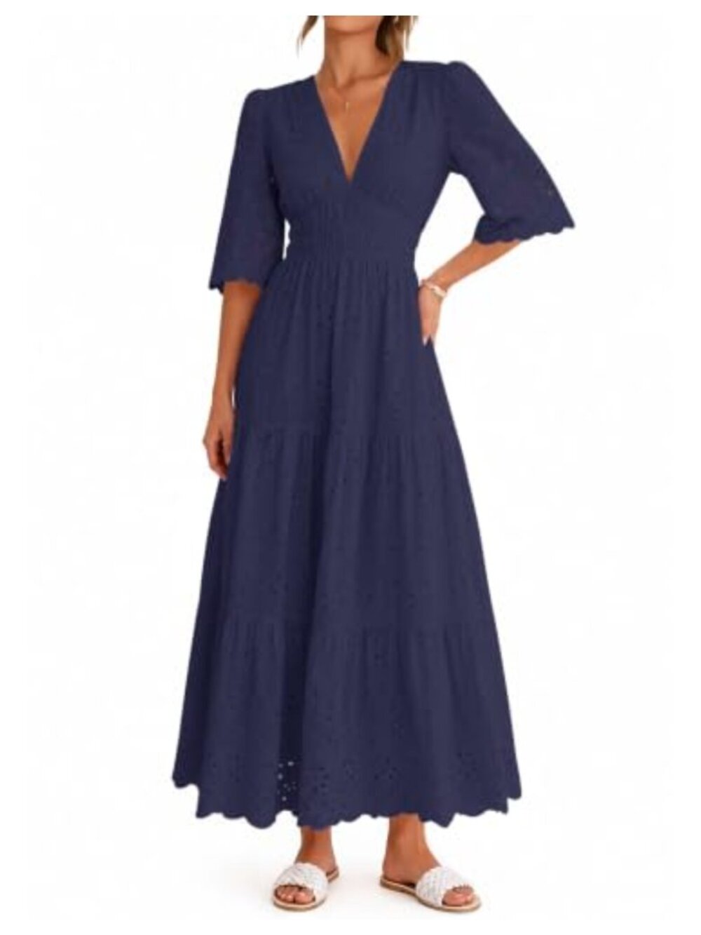 Long Sleeve V-Neck Maxi Dress Ladies Hollow Out Ruffle Swing Party